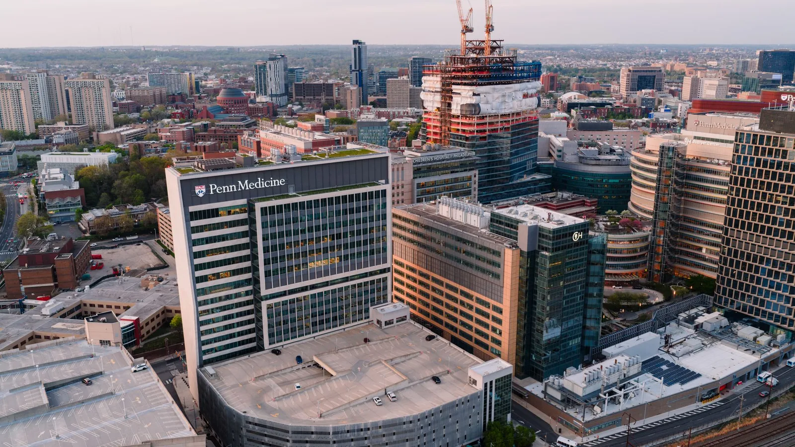 Aerial view of Penn Medicine and surrounding architecture in downtown Philadelphia during daytime.