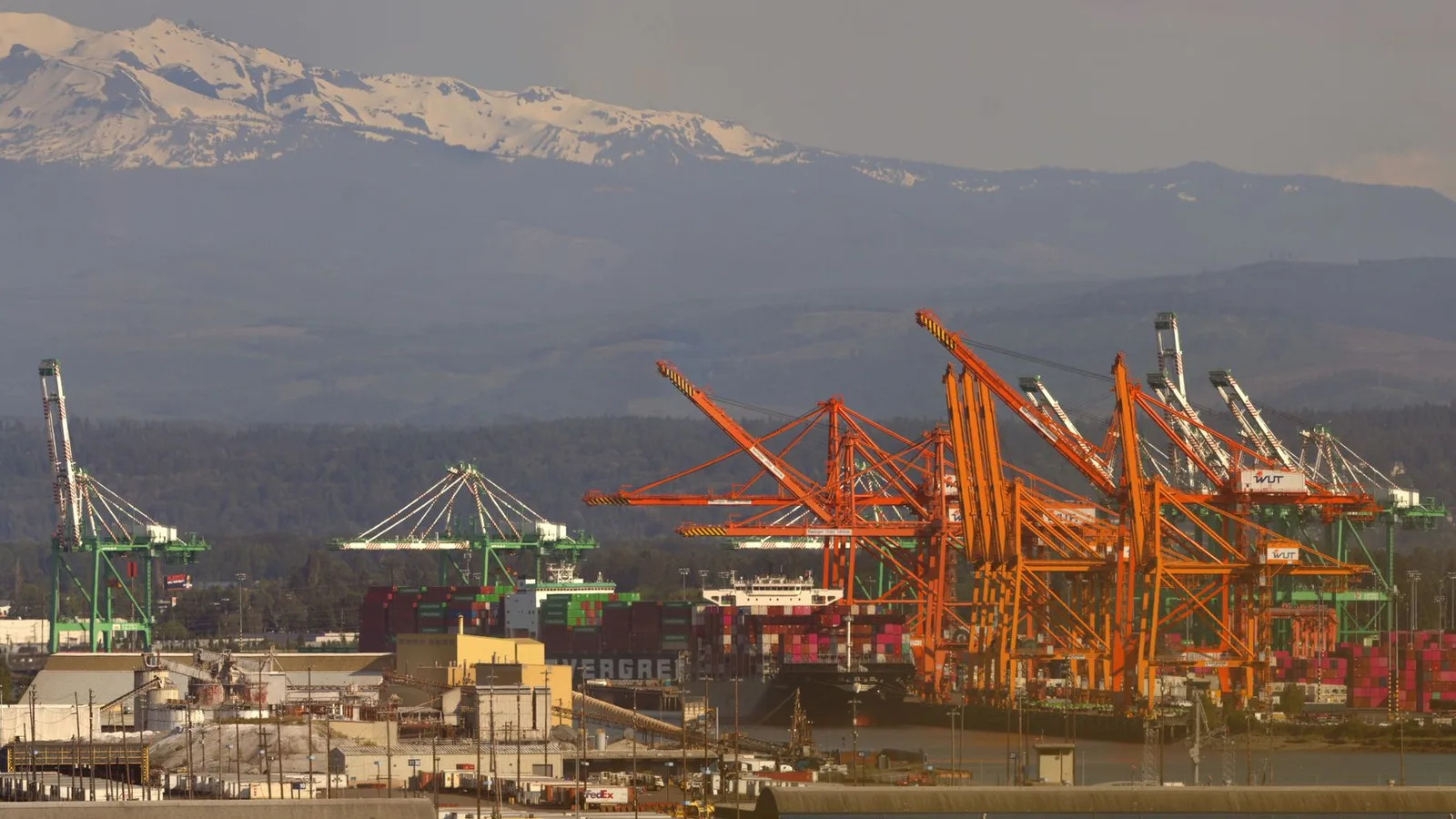 A vibrant scene of the Port of Tacoma with cranes and a mountainous backdrop, captured in daylight.